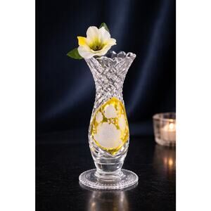 Czech Bohemia Crystal Glass Cut Crystal Bud Vase 8" Applied Yellow Etched Flower